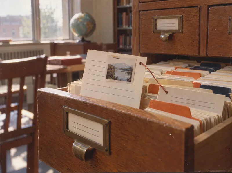 Photo années 80 : un fichier de fiches reliées entre elles.