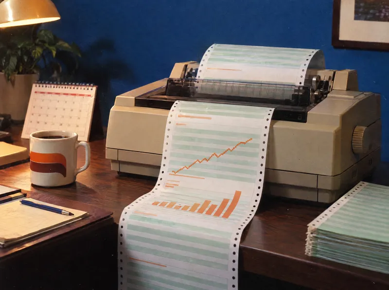 Photo années 80 : une imprimante sort un graphique qui monte.
